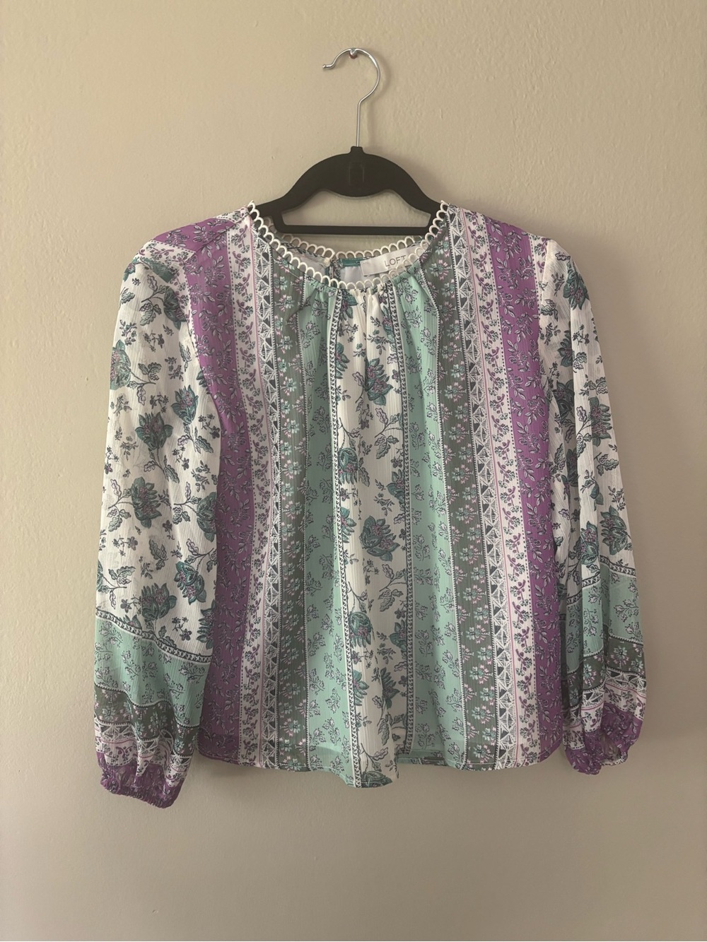 LOFT Mint & Purple Floral Stripe Peasant Blouse